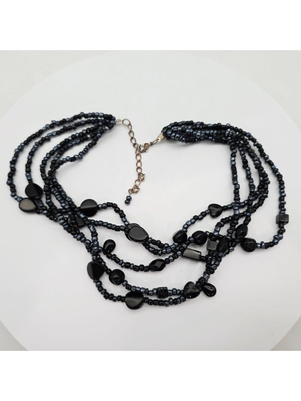 Black Glass Multi-Strand Beaded Necklace Adjustable Chain And Heart Accents